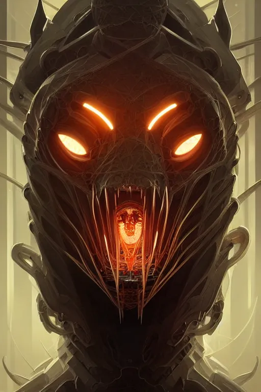 Image similar to professional concept art symmetrical portrait of a terrifying! mechanical predatory! fractal! species in a dark room by artgerm and greg rutkowski. an intricate, elegant, highly detailed digital painting, concept art, smooth, sharp focus, illustration, in the style of cam sykes.