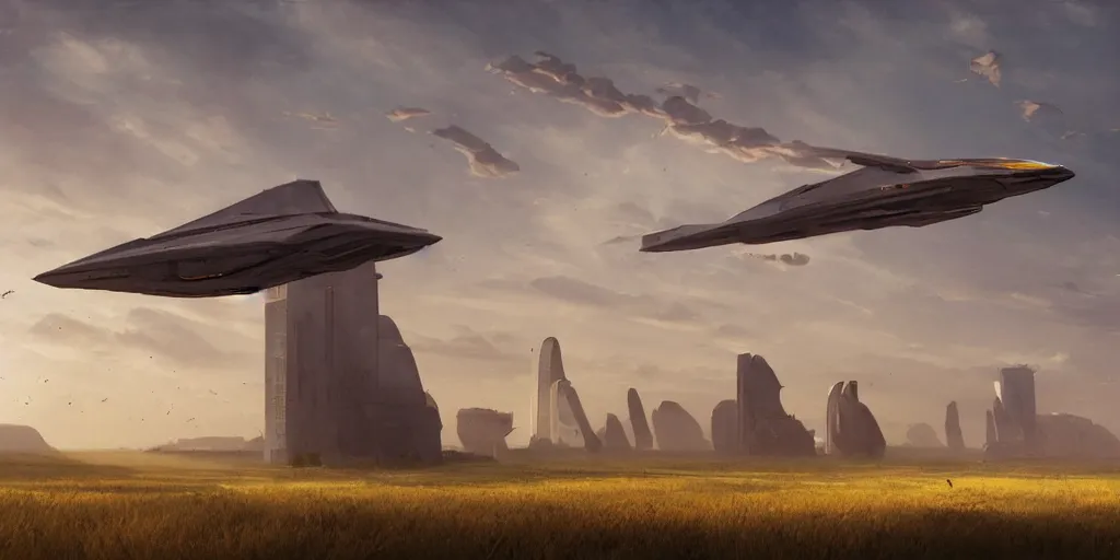 Image similar to wide shot of a tall and thin monolithic spaceship hovering in the air high above a cornfield, late afternoon, golden hour, highly detailed, smooth, sharp focus, concept art by greg rutkowski and ruan jia and stanley lau