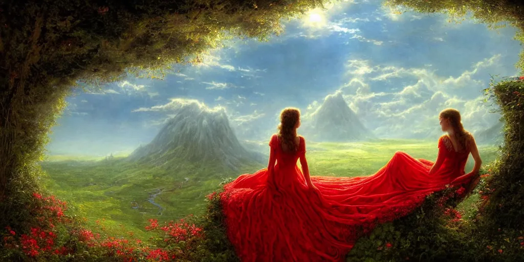 Image similar to an elegant fairy in a red lace dress sitting and looking out at a lord of the rings scenery landscape, vast lush valley flowers and giant mushroom structures, stream, sunrise, god's rays highly detailed, vivid colour, soft clouds, floral sunset, cinematic lighting, perfect composition, 8 k, gustave dore, derek zabrocki, greg rutkowski, belsinski,