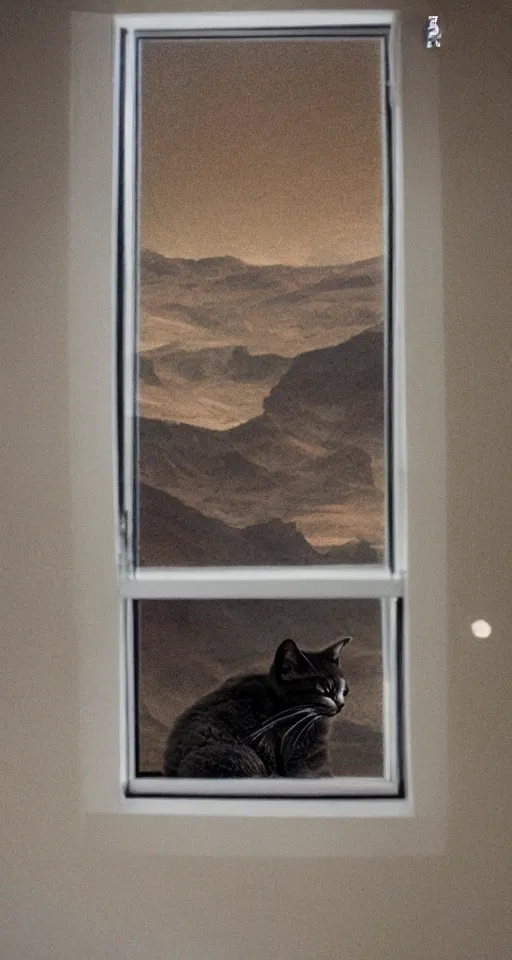 Image similar to cat watching a martian landscape from inside a window, photo