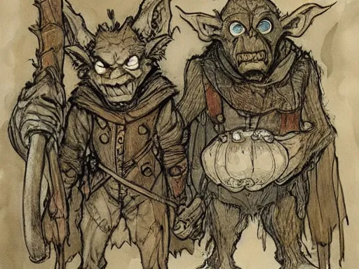 Image similar to goblins in an art gallery by arthur rackham and Tony DiTerlizzi, trending on artstation, detailed