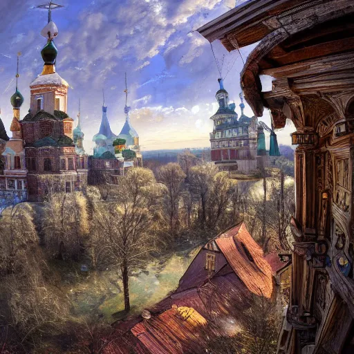 Prompt: photo beautiful magical ancient Slavic Russian city of Kitezh, fisheye lens, painting by Viktor Vasnetsov, concept art, magical city, fantasy cityscape, ancient Slavs, wooden buildings, ancient Russian architecture, terem, hyperborea, top cinematic lighting , cinematic mood, very detailed, 8k, high resolution, trending on artstation, artstationHD,