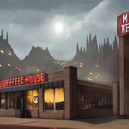 Image similar to a matte painting of a Waffle House inside of Mordor,