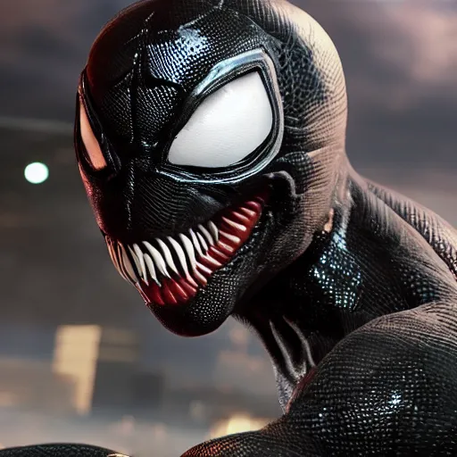 Image similar to a single venom and spider - man hybrid, dslr, cinematic, volumetric lighting, 8 k resolution, photorealistic