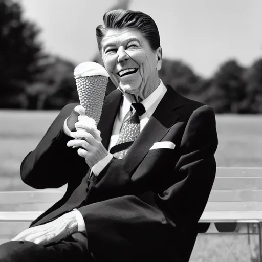 Prompt: ronald reagan enjoying an ice cream cone, monochrome 4 k