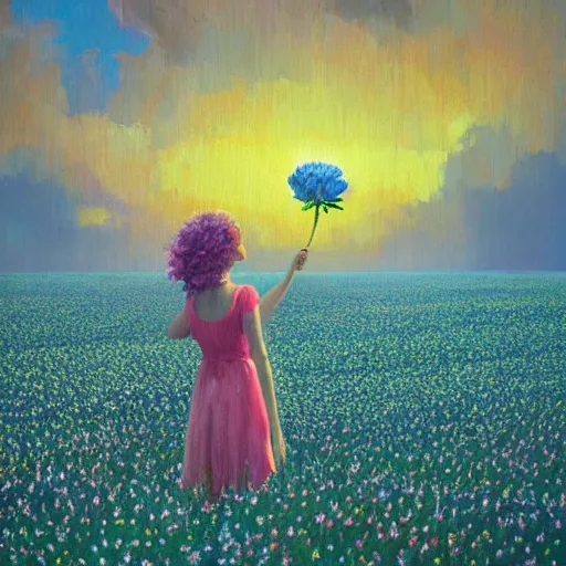 Image similar to girl with a giant carnation head, surreal photography, flower field, sunset dramatic light, impressionist painting, colorful clouds, blue sky, digital painting, artstation, simon stalenhag