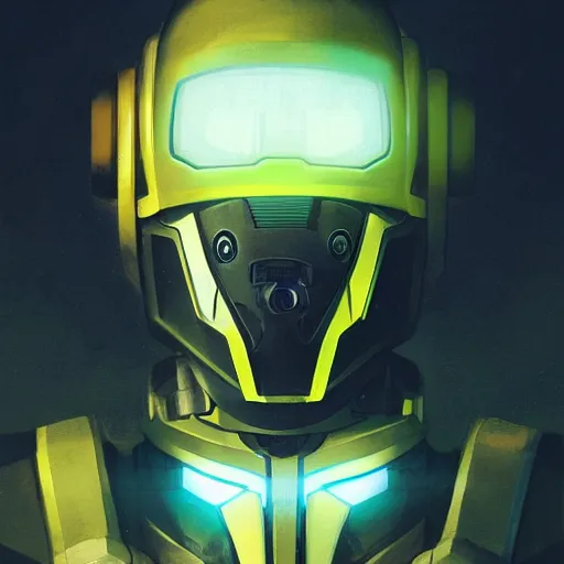 Image similar to robot with glowing yelow visor as a realistic scifi cyberpunk knight, closeup portrait art by james jean and greg rutkowski, robot destroyed to pieces, realistic face, like ironman, digital art, trending on artstation, symmetry!!!