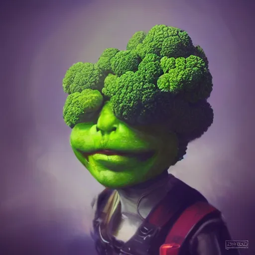 Prompt: A striking epic hyper real comic book style portait painting of a cute happy broccoli, heart shapes in the sky, D&D Concept Art, unreal 5, DAZ, Apex legends concept art, hyperrealistic, octane render, cosplay, RPG portrait, dynamic lighting