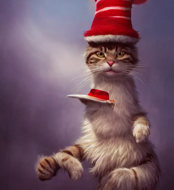 Image similar to complex 3 d render, hyper detailed, ultra sharp, of the cat in the hat, scary, fluffy, cinematic, natural soft light, rim light, art by greg rutkowski and moebius, dr seuss