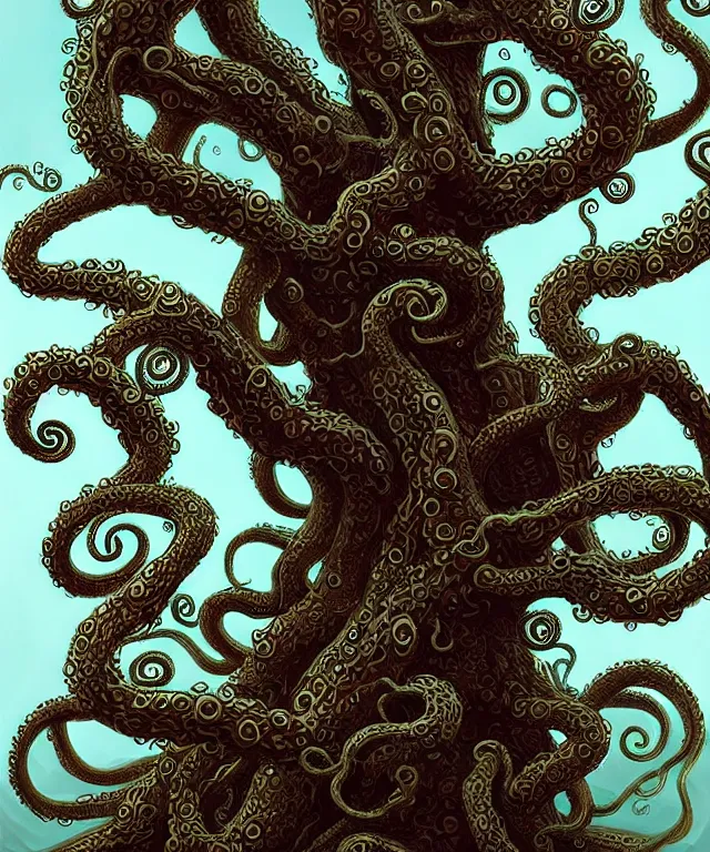 Image similar to a tree made of tentacles, fantasy, intricate, elegant, highly detailed, digital painting, artstation, concept art, matte, sharp focus, illustration, art by keith thompson and christopher lane