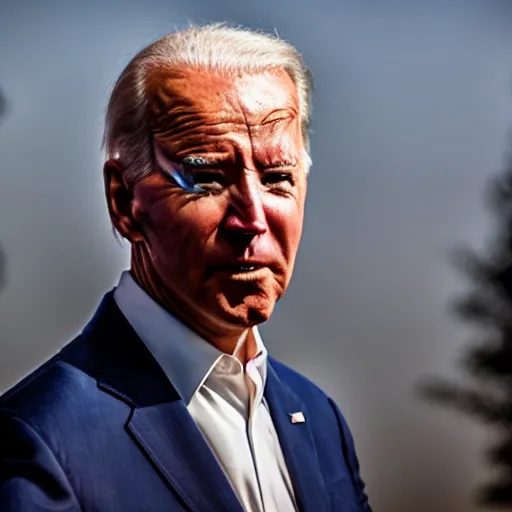 Image similar to cinematic shot of joe biden with glowing red eyes wearing dark combat armor, 8 k, very intricate, very detailed,