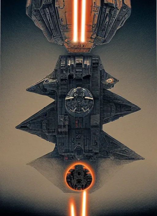 Image similar to platonic ideal star wars, malignant diesel punk chtulu nazgul mandelbulb, detahstar, millenium falcon, detailed, darth vader, action pose, intricate, volumetric lighting, hyperrealism, intense, scary, decay, artgerm, moebius, dan mumford, alphonse mucha, poster,