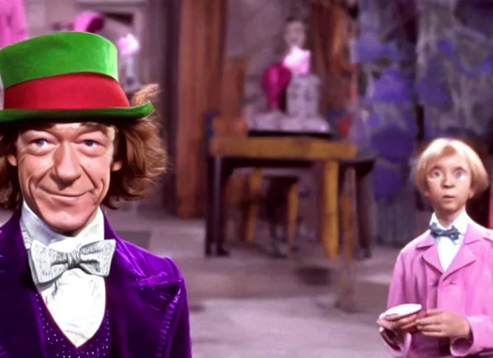 Prompt: film still of Ian McKellan as Willy Wonka in Willy Wonka and the Chocolate Factory 1971