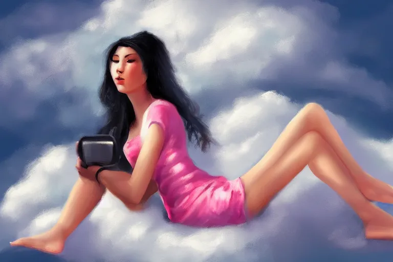 Image similar to a cute beautiful girl sitting on a cloud relaxing, digital painting, portrait