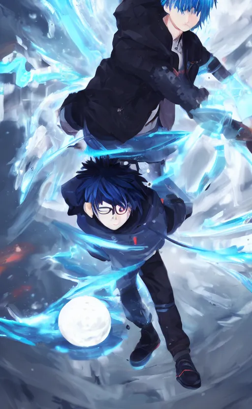 Image similar to anime boy with messy blue hair wearing black long jacket holding an energy ball, WLOP, concept art, digital painting, trending on artstation, highly detailed, epic composition, 8k UHD