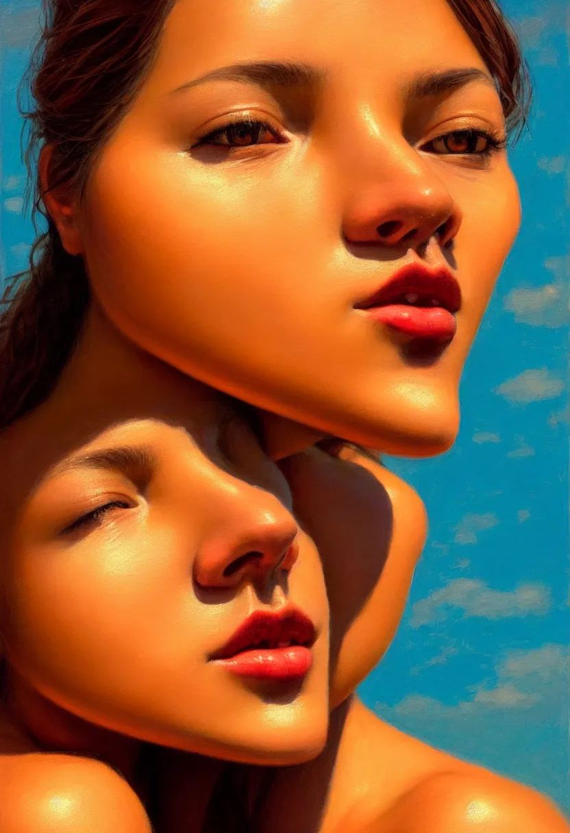 Image similar to a face portrait of a beautiful girl enjoying the warm sunlight, cuban setting, close - shot, symmetrical face, warm colors, soft lighting, atmospheric, cinematic, moody, in the style of diego koi, gina heyer, luiz escanuela, art by alyssa monk, hyperrealism, rule of thirds, golden ratio, oil on canvas, 8 k