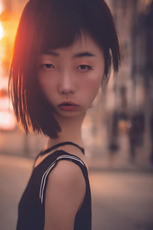 Image similar to a beautiful gorgeous Japanese edgy model girl with short hair, she's sad, sunset, street of Hong Kong, 80mm lens, 1.2 aperture, grainy image, close up, cinematic light, very detailed, depressing atmosphere, cover magazine