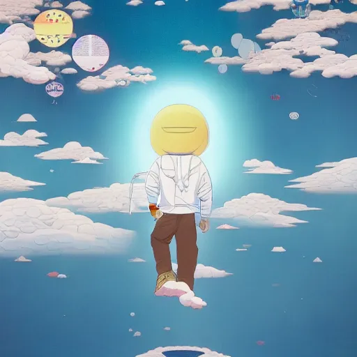 Image similar to a man walking on clouds above kyoto by takashi murakami, beeple and james jean, aya takano color style, 4 k, super detailed