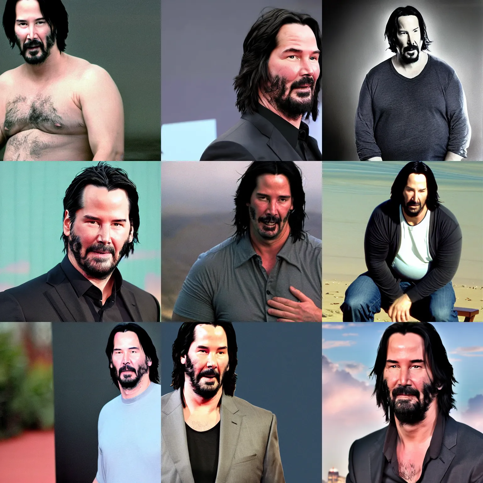 Prompt: obese keanu reeves holds his exposed belly on tight close up, overcast, real photograph, matrix film still