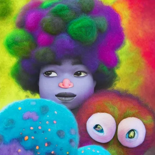 Prompt: a black girl with a colorful afro and big colorful eyes, bright colours, bokeh!!, watercolor, volumetric wool felting, macro photography, children illustration, by goro fujita