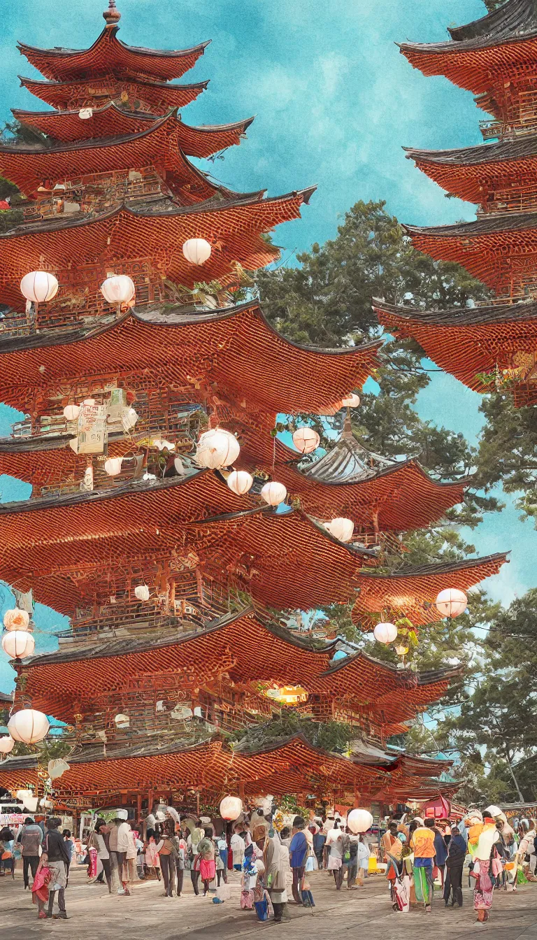 Image similar to digital painting of a pagoda, people drinking tea and paper lanterns, very detailed