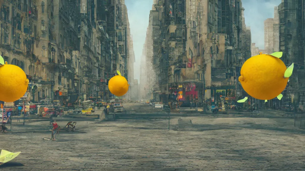 Prompt: two flies reading in the streets, antropomorphic, city landscape, lemons, daytime, colorful, depth haze, volumetric lighting, concept art, cinematic, 3 5 mm lens, 4 k