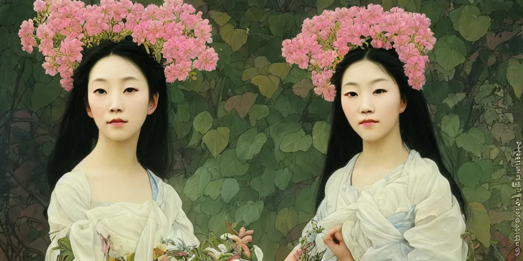 Image similar to a portrait of a very beautiful Asian young woman with giant flowers behind her head, looks like Tang Wei, in the style of WLOP and Alphonse Mucha and Ross Tran, realistic, seductive, closeup, facing the camera, dramatic lighting