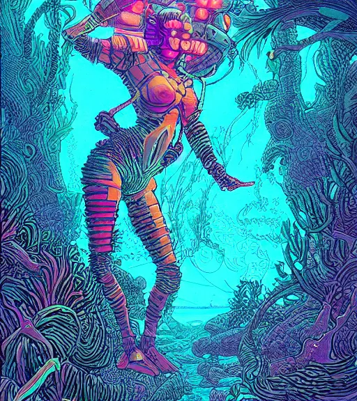 Image similar to a cyberpunk diver Polynesian woman swims through a dark bioluminescent alien coral reef, techwear, Industrial Scifi, detailed illustration, character portrait, by Martin Grip and Moebius