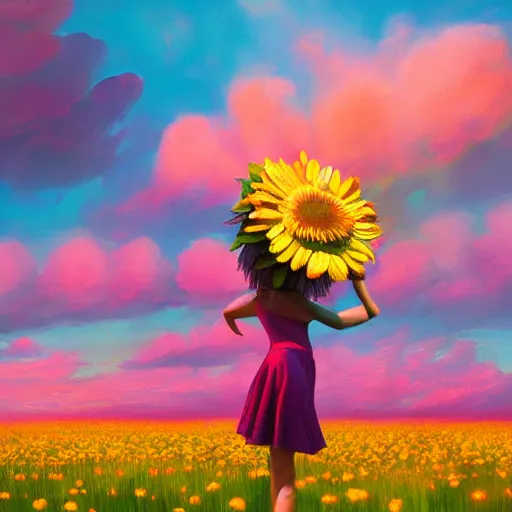 Image similar to giant daisy flower as head, full body girl dancing in a flower field, surreal photography, sunrise, dramatic light, impressionist painting, colorful clouds, digital painting, artstation, simon stalenhag