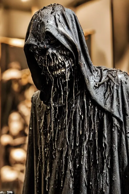 Image similar to photo taken of an epic intricate, ultra detailed, super realistic sculpture of a wet bloodied slimy nightmarish hellish demonic hooded grim reaper sculpture on display in a workshop, created by weta workshop, full body shots, photorealistic, sharp focus, f 0. 4, face centred, macro photography, golden ratio, golden hour