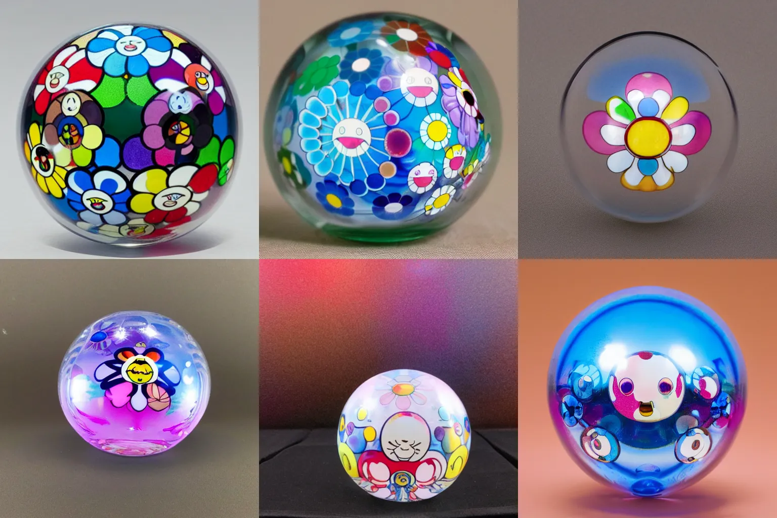 Prompt: single spherical glass soap bubble filled with takashi murakami renaissance flowers