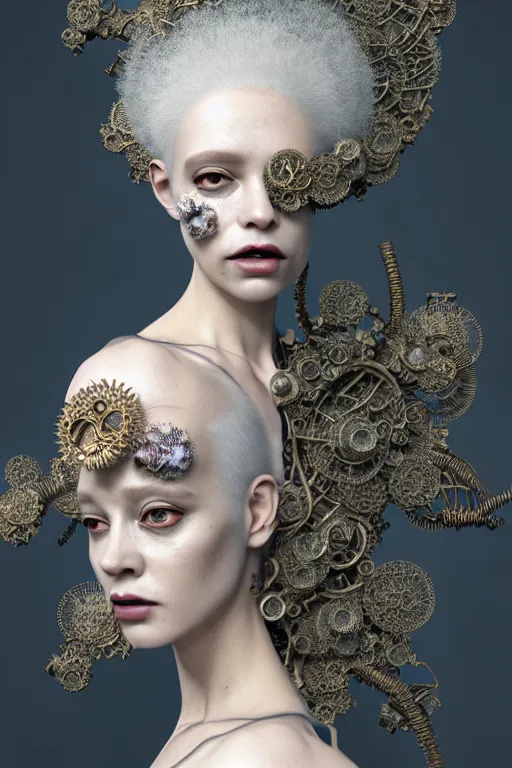 Prompt: complex 3 d render, hyper detailed ultrasharp beautiful biomechanical mandelbrot fractal steampunk filigree mesh wire female cyborg portrait with a porcelain profile face, albino afro, elegant crown with big hydrangea foliage leaves stems roots, alexander mcqueen haute couture, art nouveau fashion, octane render, 8 k