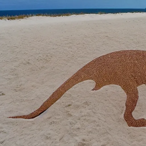 Prompt: photo of a trex made out of sand at the beach