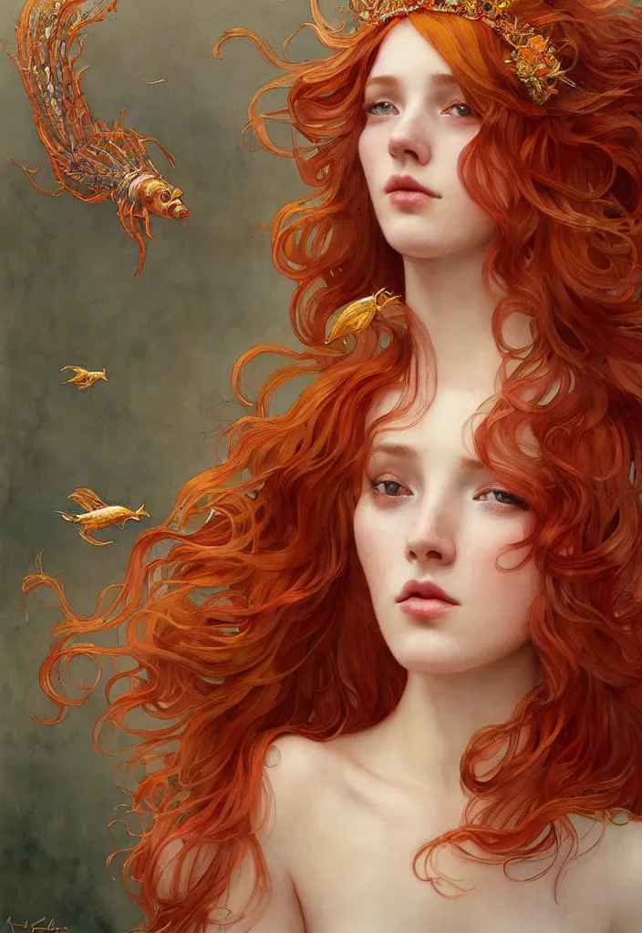 Image similar to beautiful watercolor painting of a young red hair woman wearing a crown of long golden fish, intricate, elegant, highly detailed, digital painting, artstation, concept art, smooth, sharp focus, art by krenz cushart and artem demura and alphonse mucha, dynamic lighting, full body shot, ultrarealistic, cinematic, octane render, 8 k