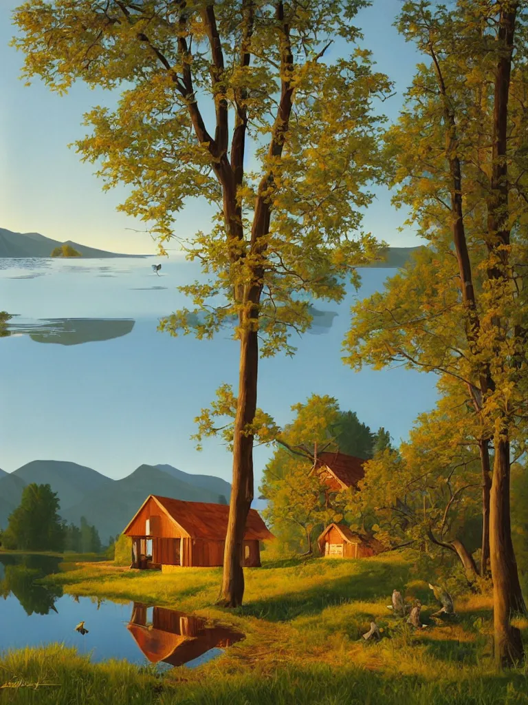 Prompt: an old wooden hikers shack in the woods next to a beautiful medium sized lake, early morning light, spring, 1 0 sparrows flying in the sky, painting by kenton nelson