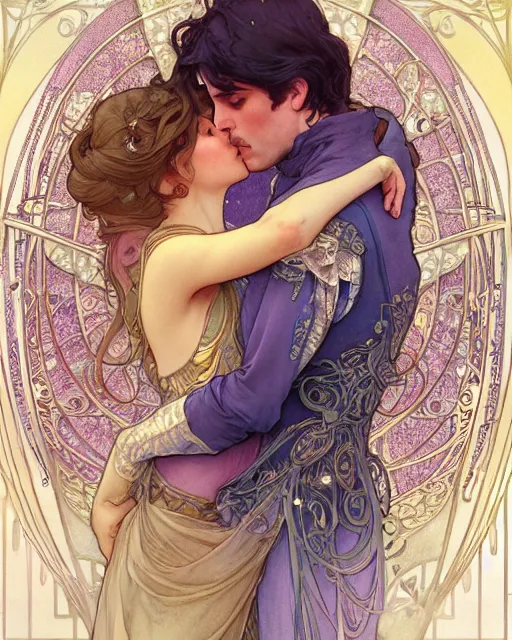 Image similar to the kiss | highly detailed | very intricate | art nouveau | gold filigree | romantic storybook fantasy | soft cinematic lighting | award - winning | disney concept art watercolor illustration by mandy jurgens and alphonse mucha and alena aenami | pastel color palette | featured on artstation