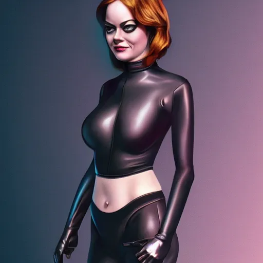 Prompt: Full-body portrait of Emma Stone as catwoman, trending on Artstation, realistic studio lighting, realistic shadows, by Jen Jung, by WLOP, by Lisa Ericson