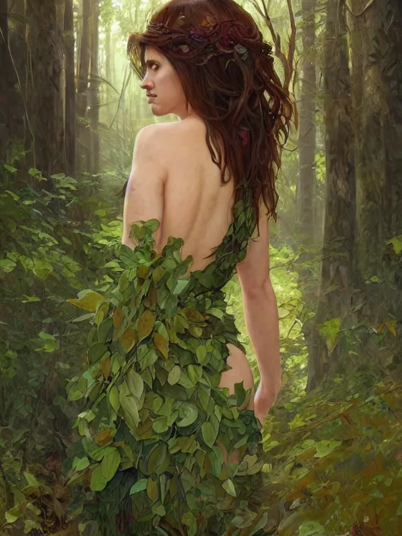 Prompt: portrait of a forest mage, looking from behind, looking at you, female, delicated facial features, dress made of green leaves, gorgeous, green hair, brown skin, curves, shapely derriere, forest background, highly detailed, digital painting, artgerm and greg rutkowski and alphonse mucha