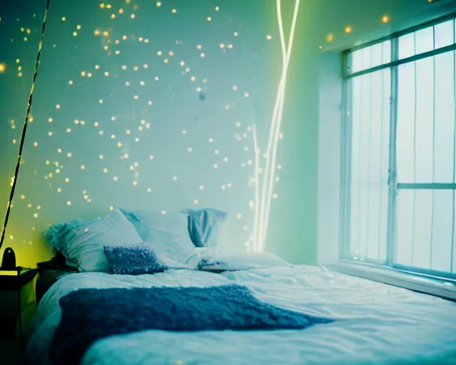 Prompt: calm photo of a futuristic otaku bedroom, bokeh + calm lighting kodak portra 8 0 0