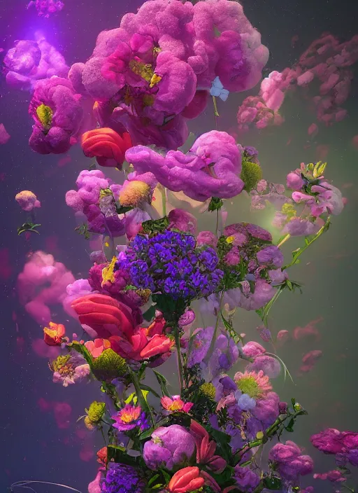 Image similar to An epic fantastic realism comic book style painting of the most beautiful flowers launched into space, bouquets, fisheye lens, unreal 5, DAZ, hyperrealistic, octane render, dynamic lighting