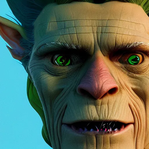 Image similar to portrait of willem dafoe as the goblin king, green skin, long sharp ears and nose, mattepainting concept blizzard pixar maya engine on stylized background splash comics global illumination lighting artstation, sharp focus, lois van baarle, ilya kuvshinov, rossdraws