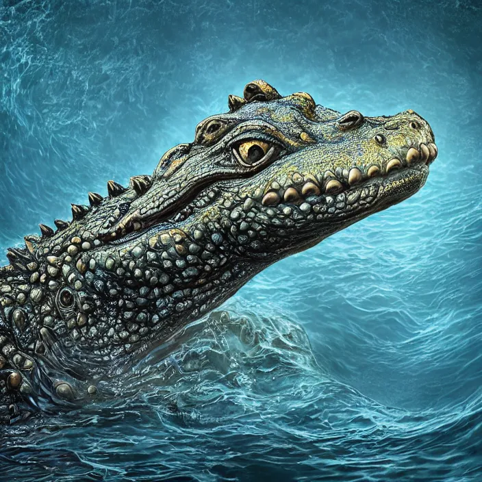 Image similar to symmetric! portrait of a anthropomorphic crocodile, fractal textured skin, glowing eyes, intricate detailed, background waves aquatic, luminescent digital art by paul barson and artgerm, 8 k hdr