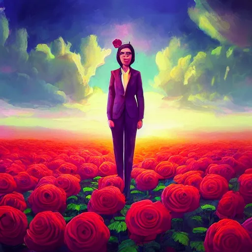 Prompt: closeup, giant rose flower head, frontal, girl in suit, surreal photography, sunrise, blue sky, dramatic light, impressionist painting, digital painting, artstation, simon stalenhag