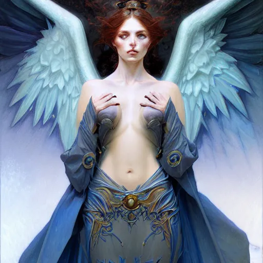 Image similar to Portrait of female fallen angel, D&D, blue eyes, face, fantasy, intricate, elegant, highly detailed, digital painting, artstation, concept art, smooth, sharp focus, illustration, art by artgerm and greg rutkowski and alphonse mucha