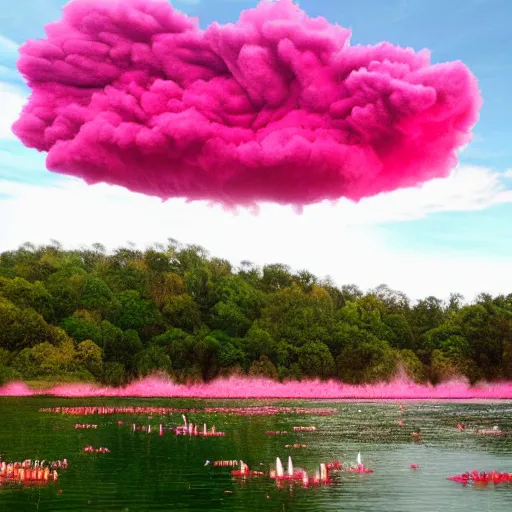 Prompt: A pink cloud raining down fishes