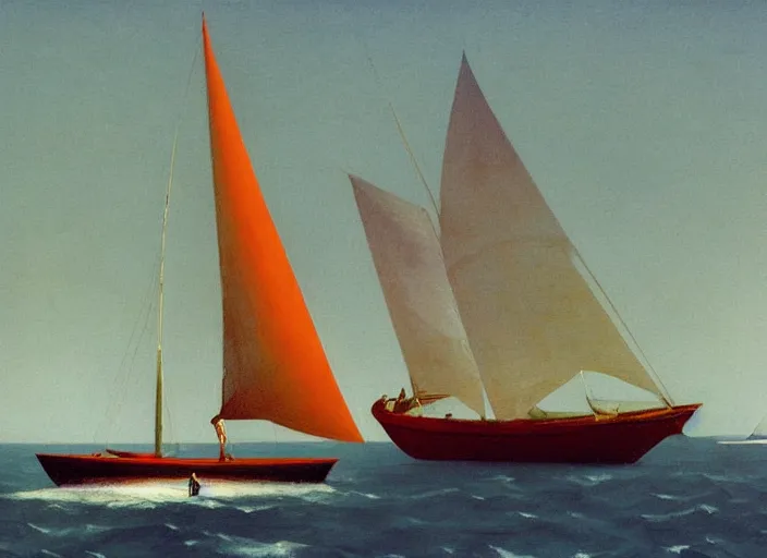 Image similar to woman on a beach, large sailboat with red sails, highly detailed, Edward Hopper and James Gilleard, Zdzislaw Beksinski highly detailed