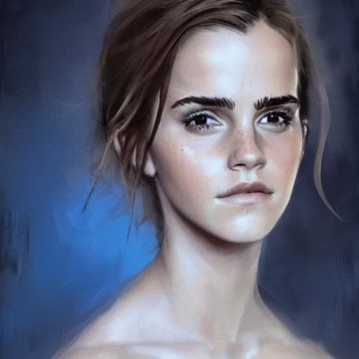 Image similar to portrait of emma watson, en profil, highly detailed, blue hues, greg rutkowski