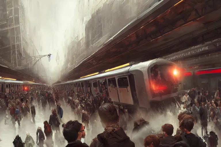 Prompt: subway mayhem as people rush to get on the train that is a chimera cat train, highly detailed, digital painting, artstation, concept art, smooth, sharp focus, illustration, art by greg rutkowski