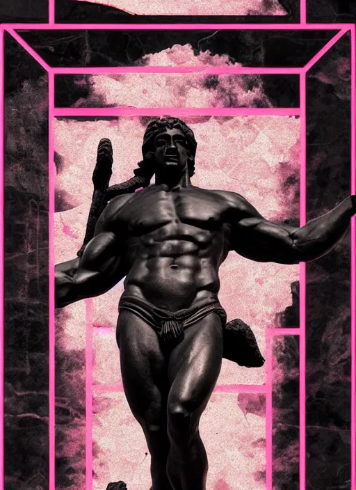 Prompt: black design poster showing a statue of hercules, black background with very subtle red and purple design elements, powerful, nekro, vito acconci, thin straight lines, dark, glitch art, neo vaporwave, gritty, layout frame, square, trending on artstation