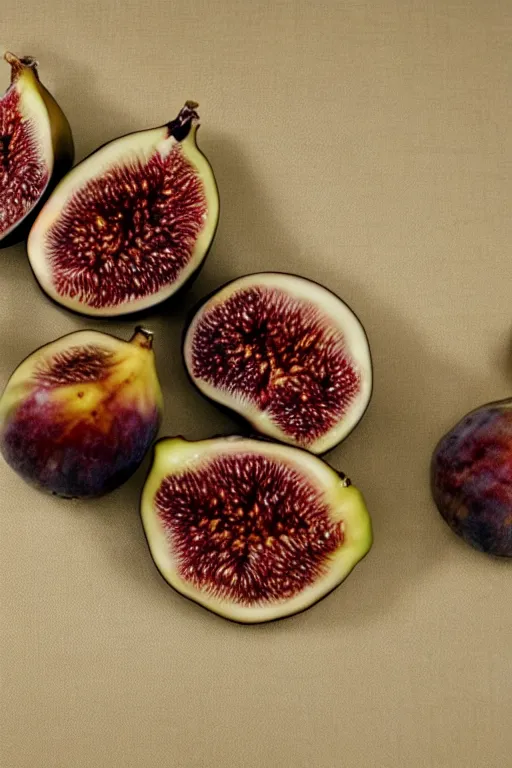 Prompt: Photo print of figs lying on a beige silk cloth, food photography, award winning, highly detailed, 4k, 1970s National Geographic.